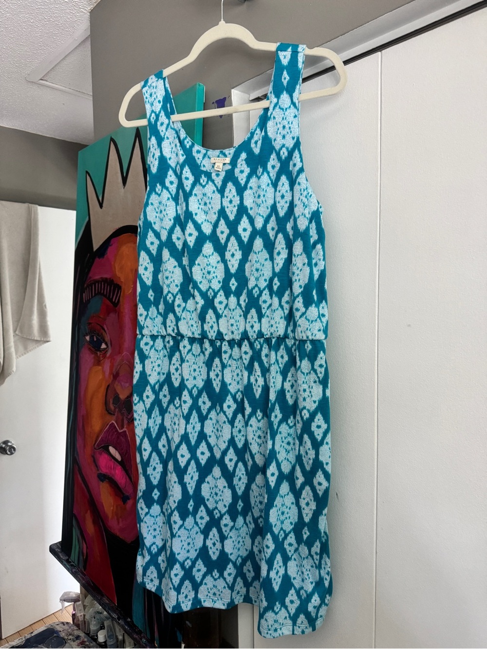 Sonoma Life Style Turquoise Ikat Geometric Tank Dress Pockets XL - Picture 3 of 7